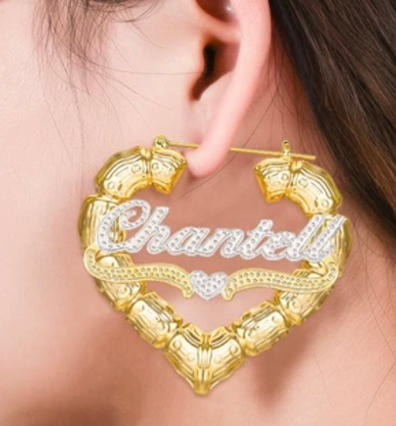 Mixed metal heart bamboo earrings