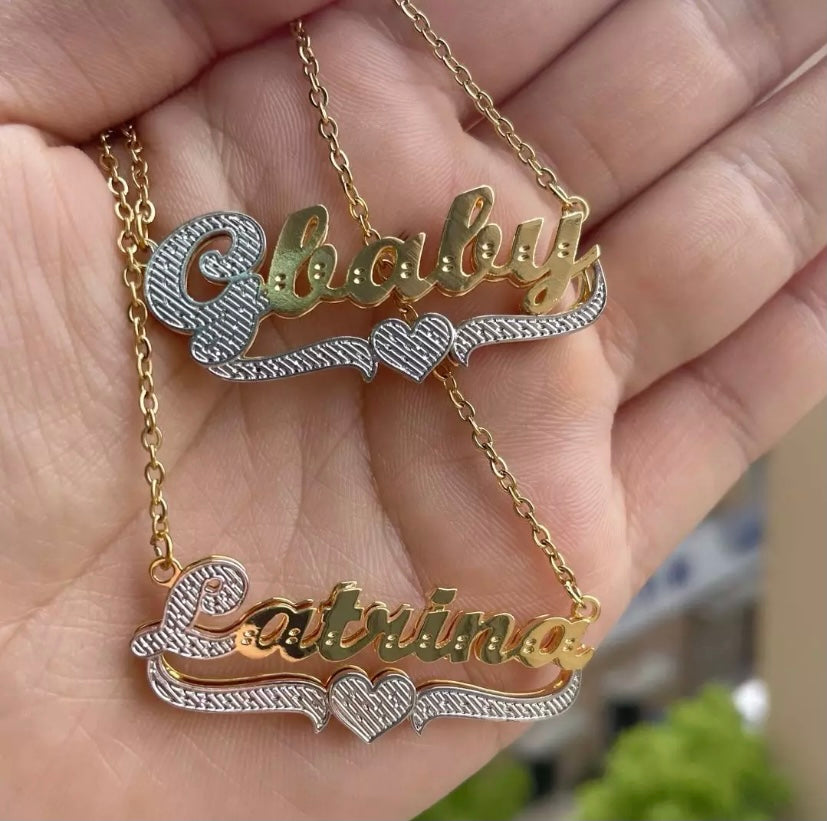 Mixed metal nameplate necklace