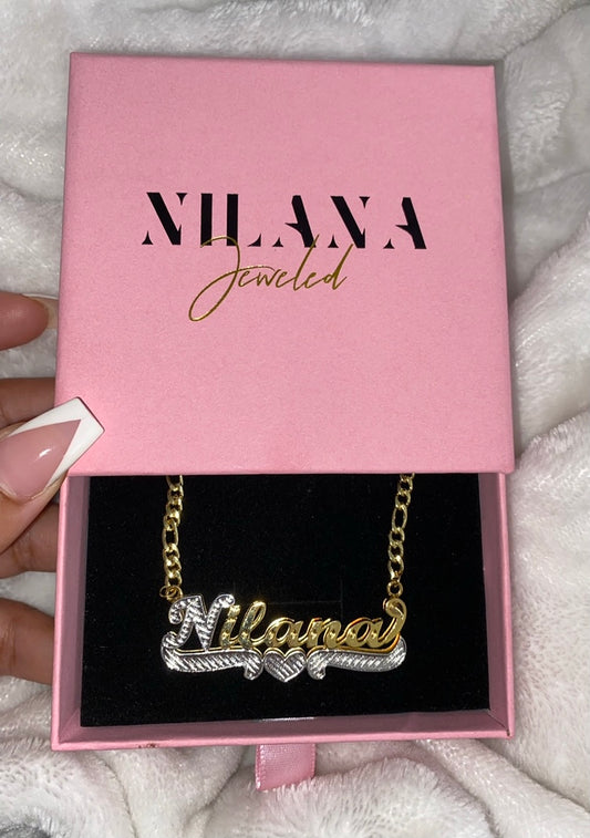 Mixed metal nameplate necklace