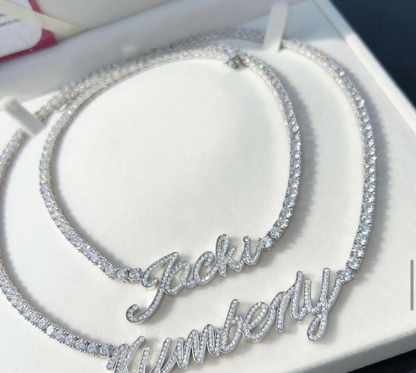 Cursive name tennis necklace